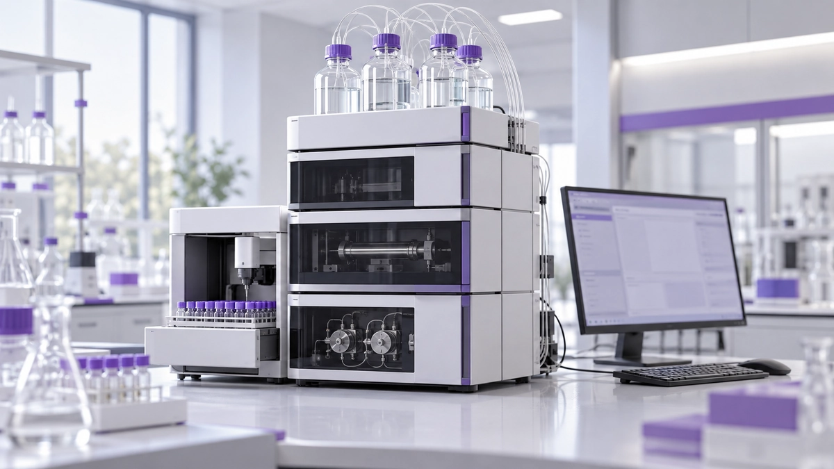 AI illustration of a generic HPLC instrument used for chromatographic analysis