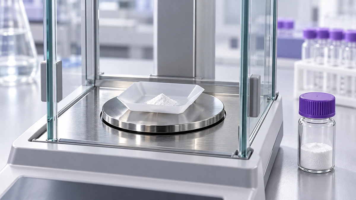 AI illustration of white powder in a weighing boat on an analytical balance