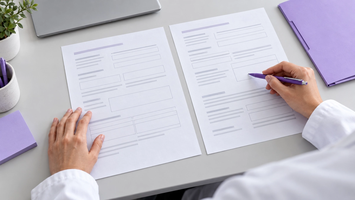 AI illustration of a researcher checking empty fields on generic document worksheets