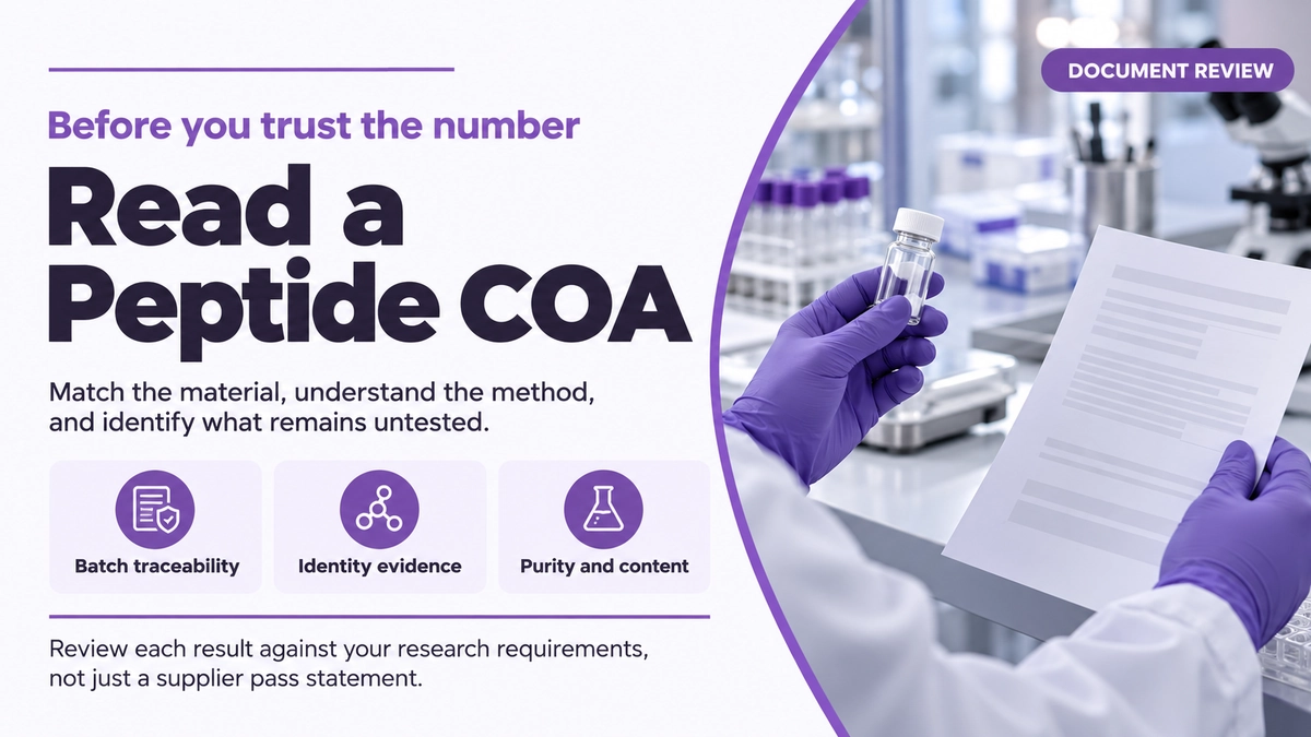 AI illustration explaining batch traceability, identity evidence, purity and content in a peptide COA