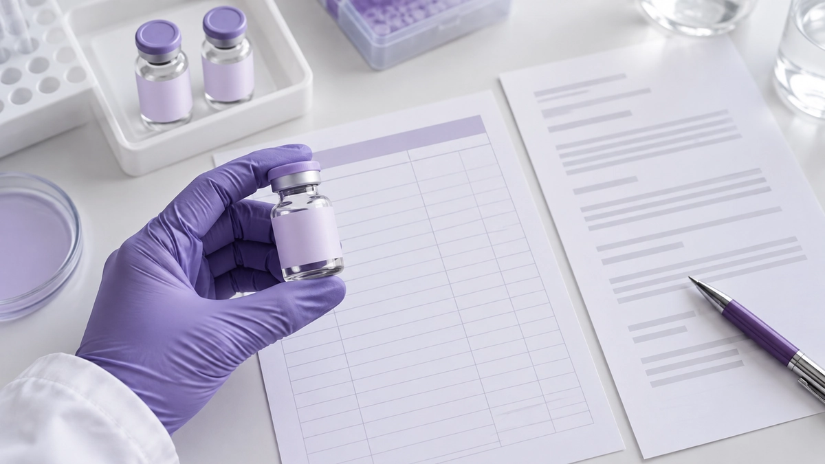 AI illustration of a blank-labeled sample vial beside generic review documents