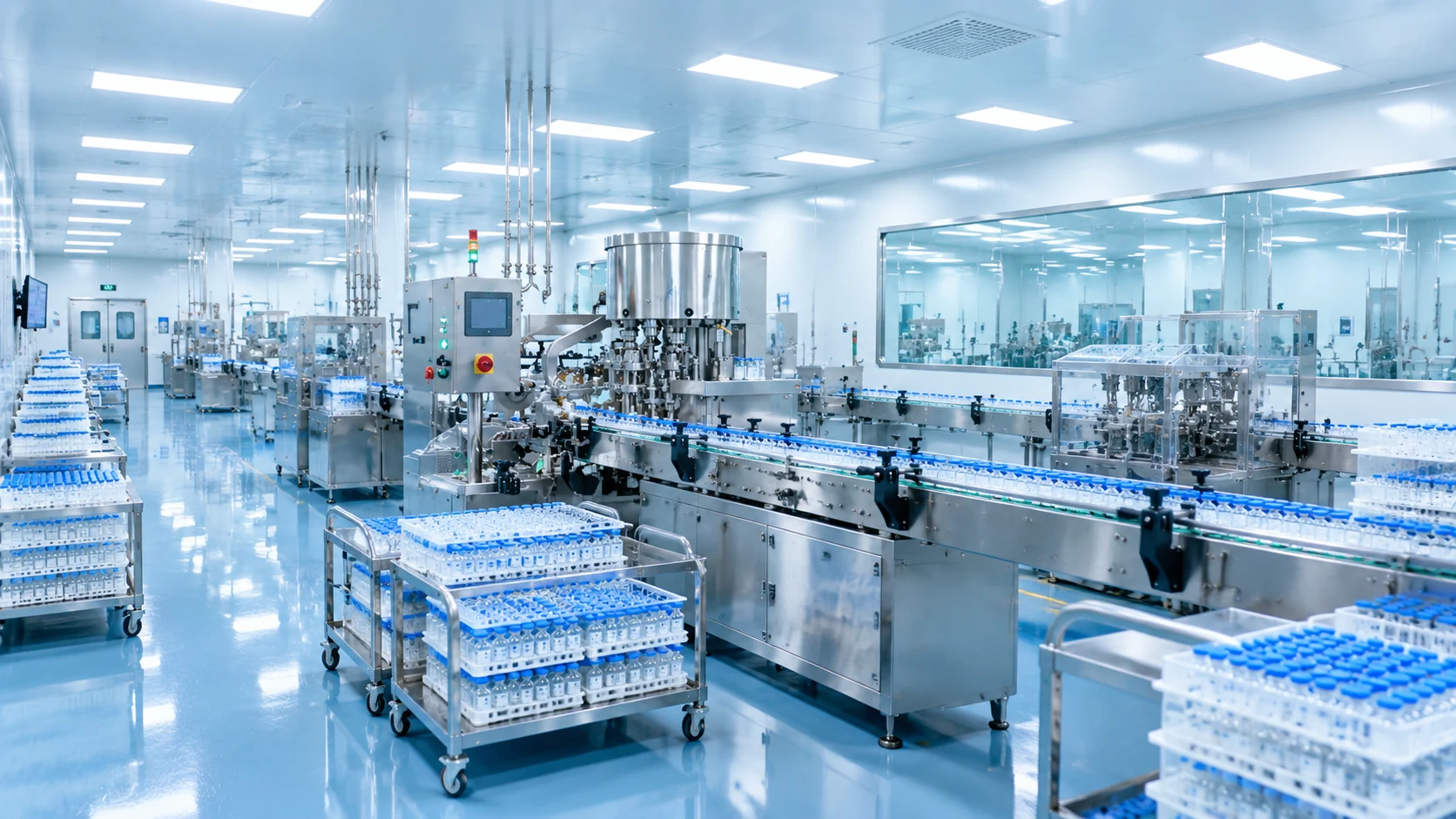 Client-supplied production scene with a vial filling line and staff