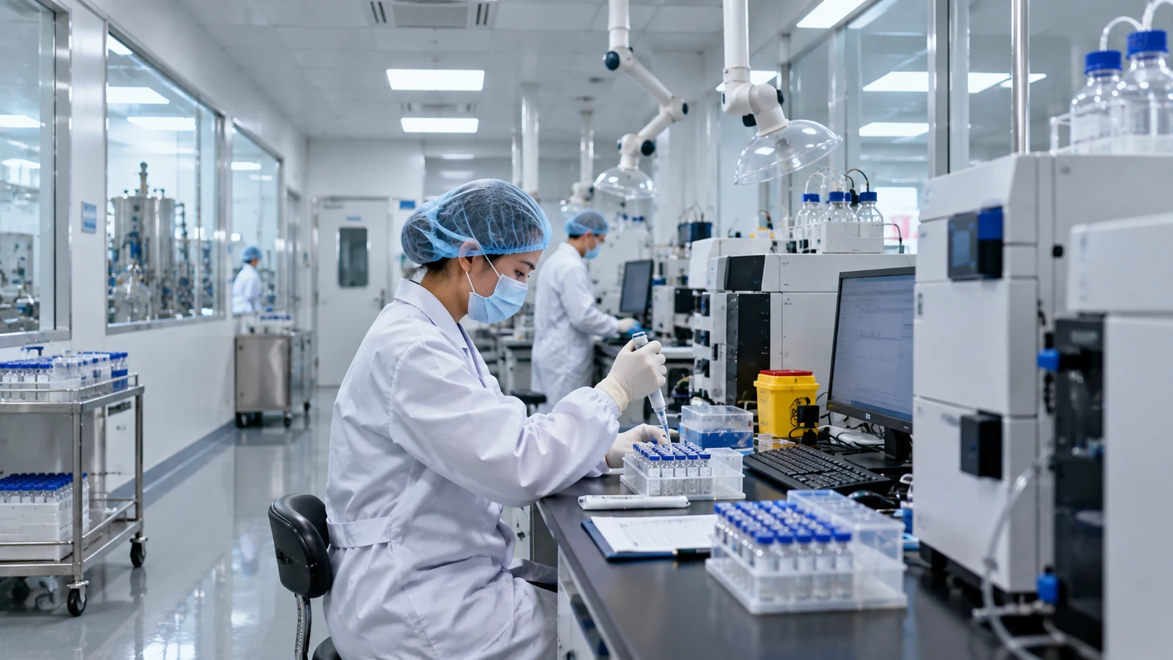 Client-supplied laboratory scene with staff using pipettes and microscopes